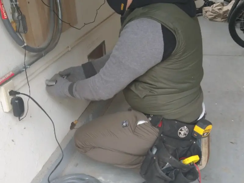 Electrician performing outlet wiring in a Penbrook garage